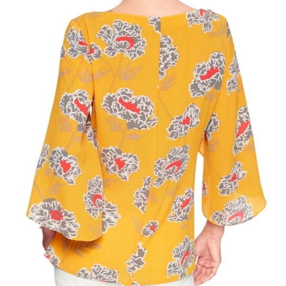 Banana Republic Women's Floral Blouse Size Large 3/4 Sleeves Yellow Grey Red - Picture 5 of 8